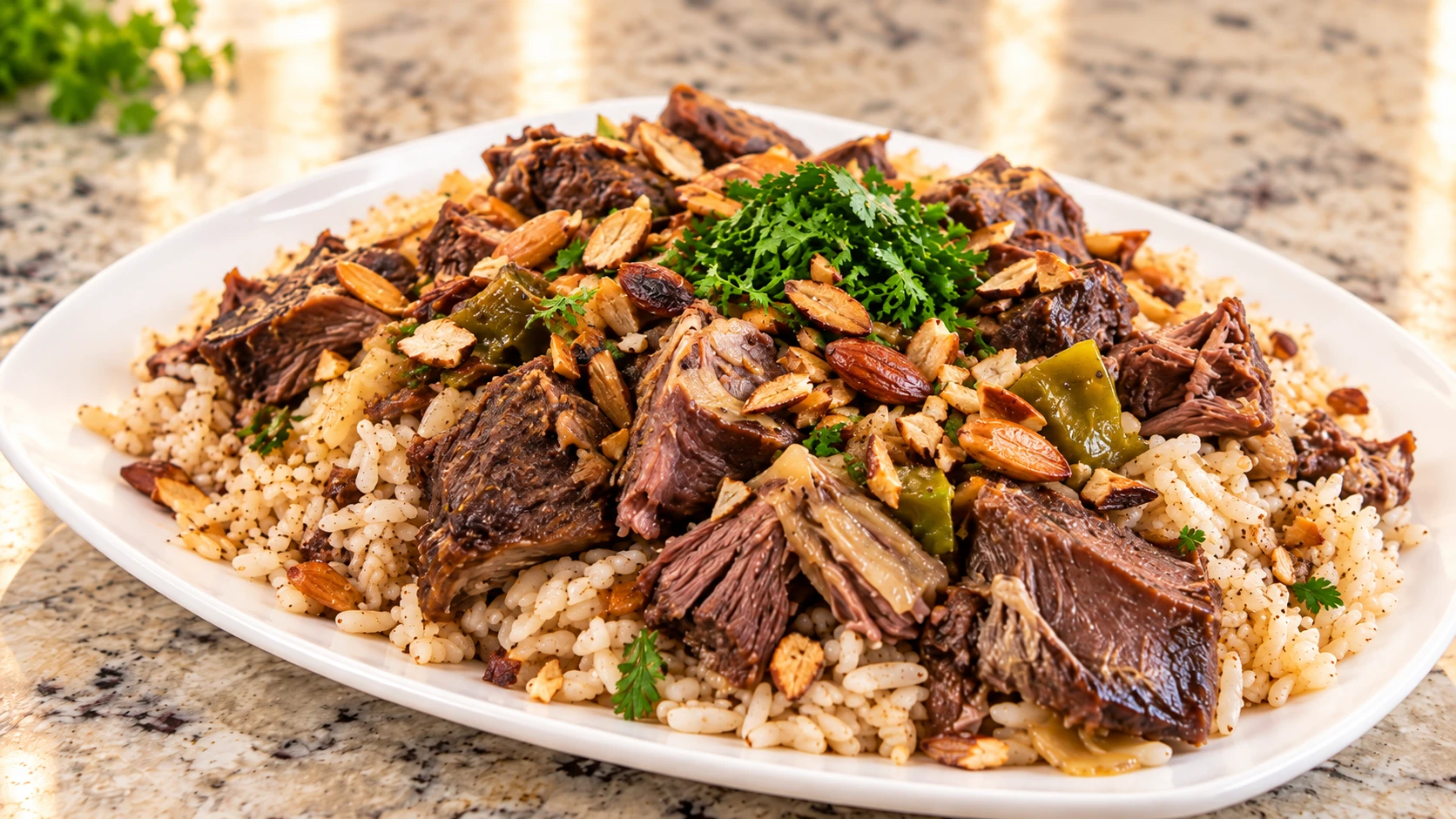 Saturday Ouzi: tender slow-cooked lamb over spiced rice with toasted almonds and fresh parsley