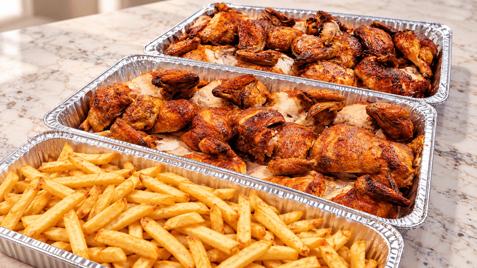 Trays of rotisserie chicken and fries