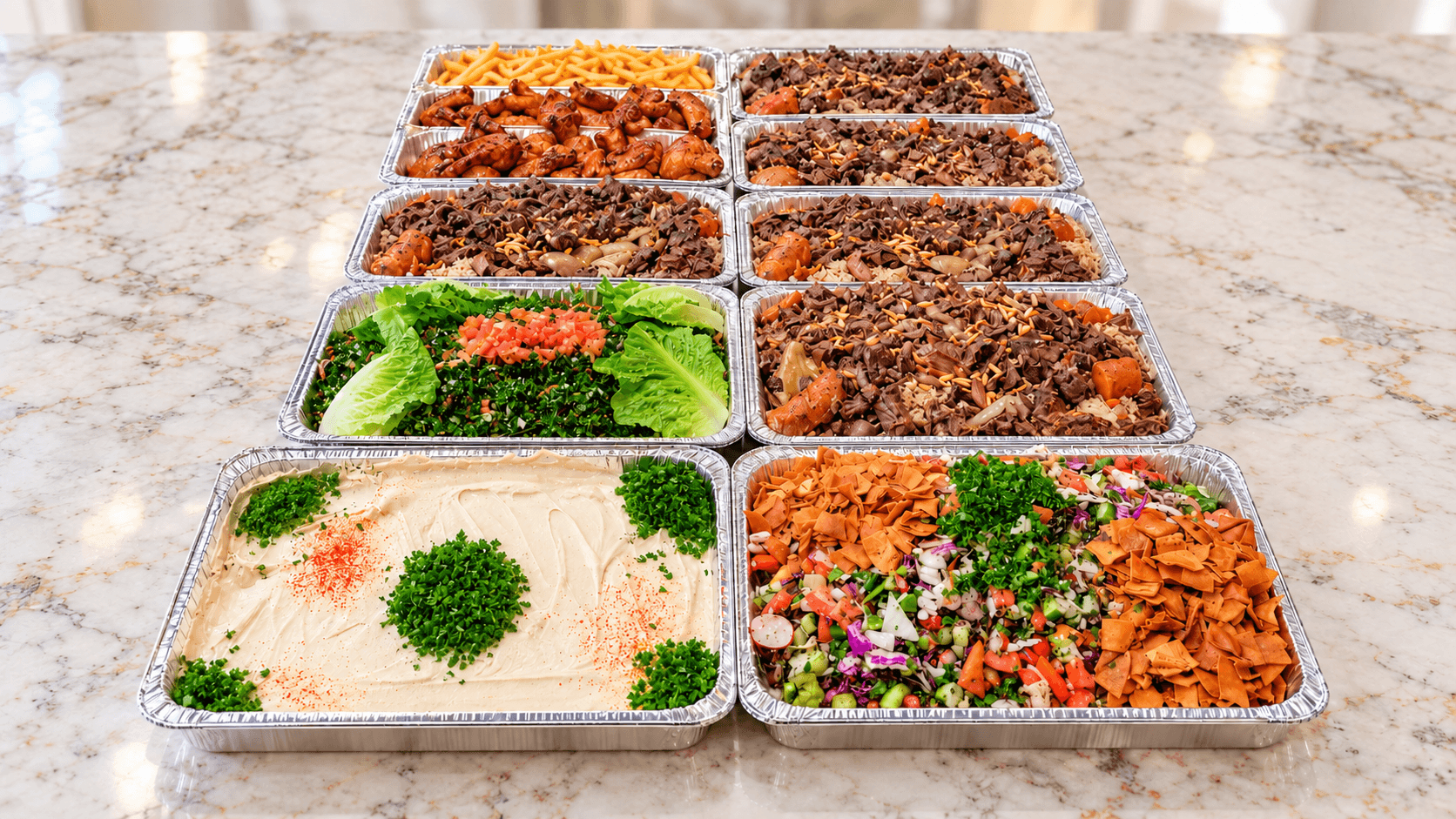 Party trays of hommous, fattoush, tabbouli, shawarma and chicken lined up on a granite counter