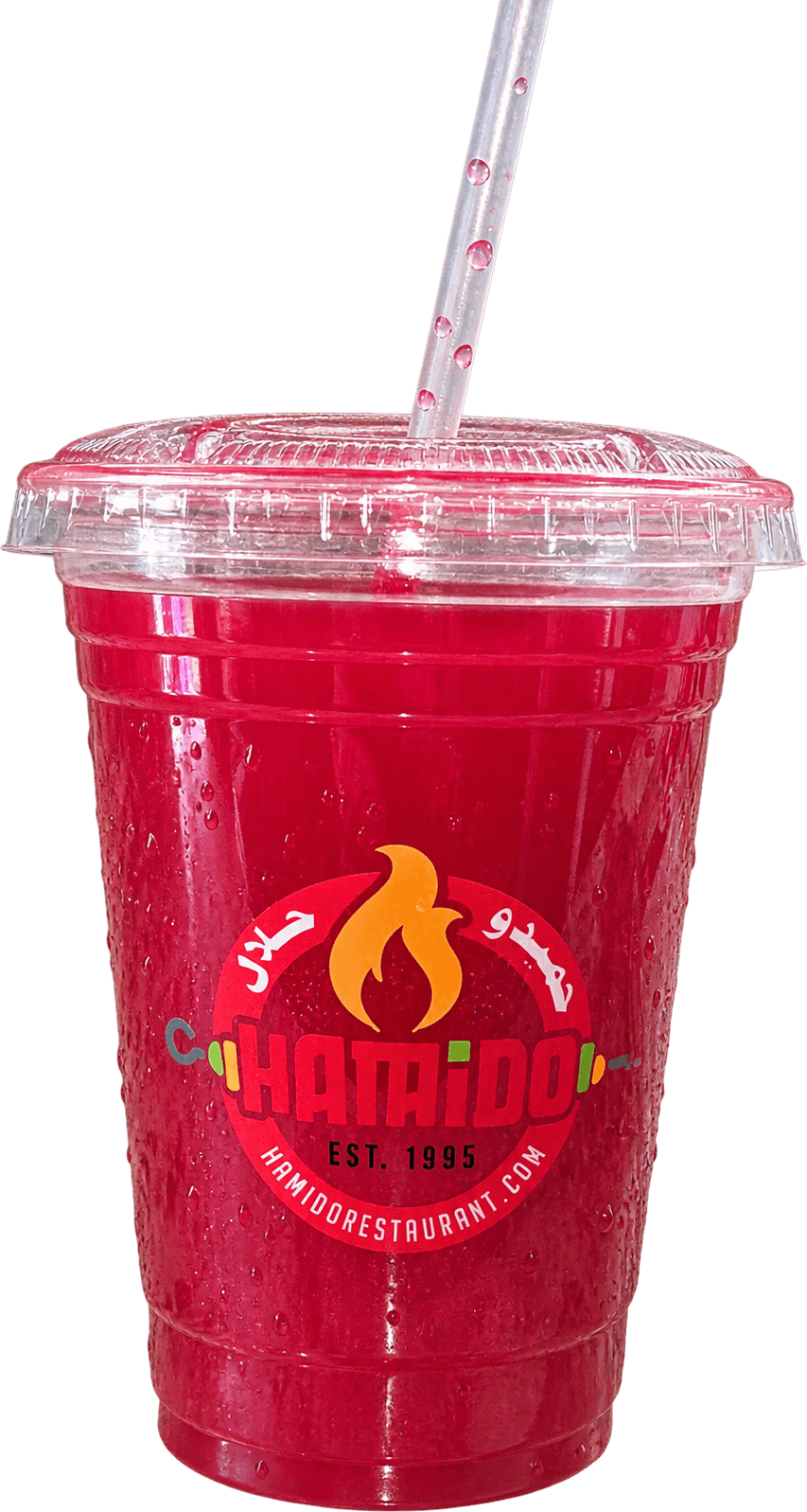 Hamido fresh pomegranate juice in a branded cup with a straw