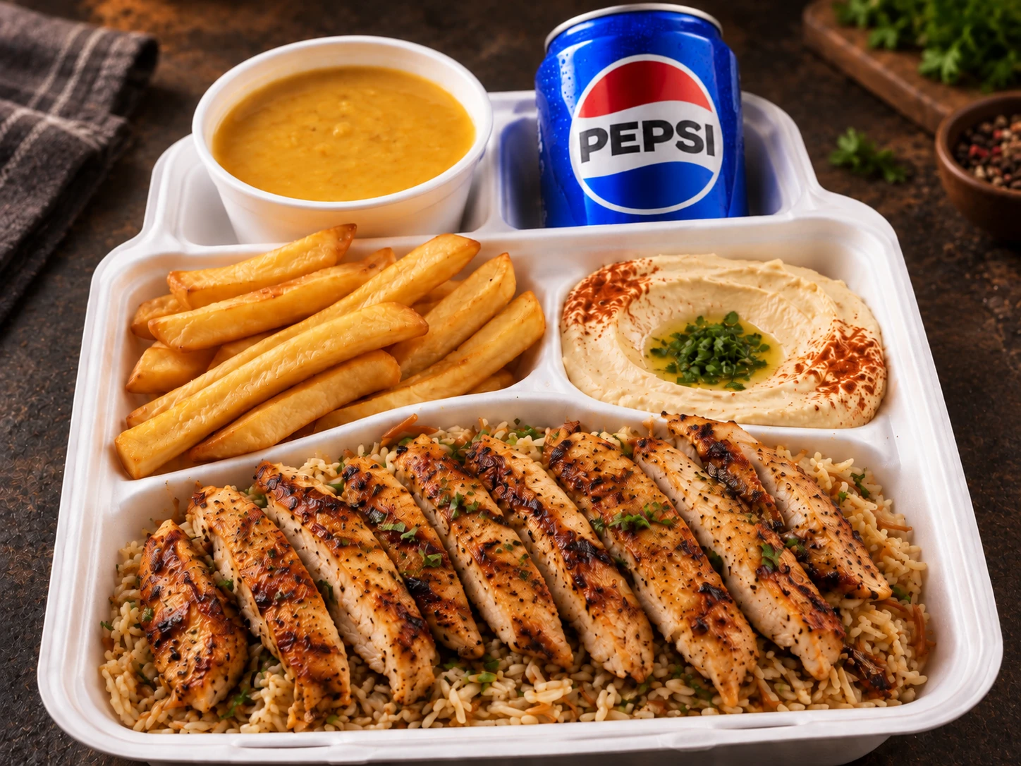 Lunch tray: sliced grilled chicken over rice, fries, hommous, a cup of soup and a Pepsi